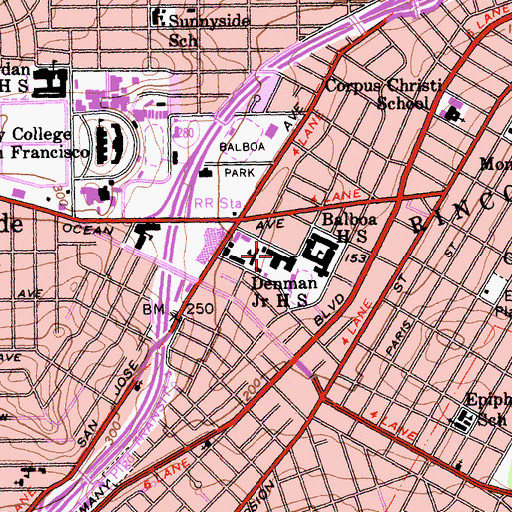 Topographic Map of James Denman Middle School, CA