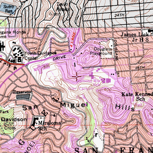 Topographic Map of Diamond Heights School, CA