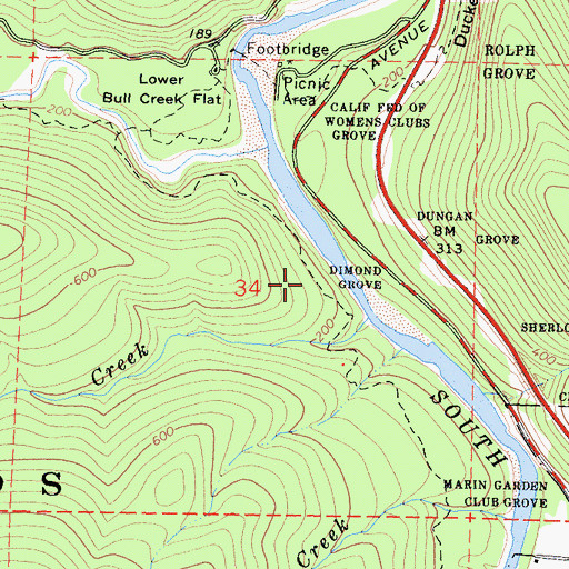 Topographic Map of Dimond Grove, CA