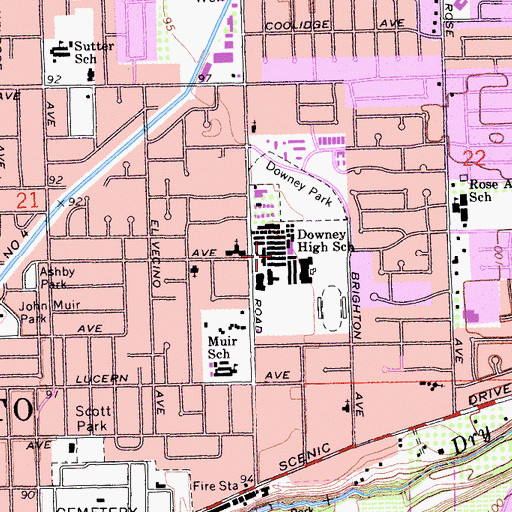 Topographic Map of Thomas Downey High School, CA