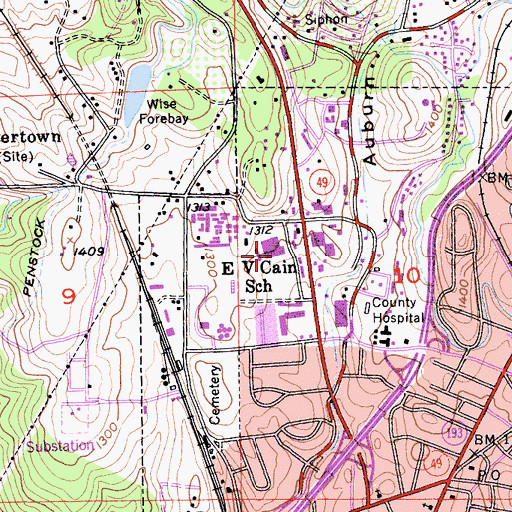 Topographic Map of E V Cain Stem Charter Middle School, CA