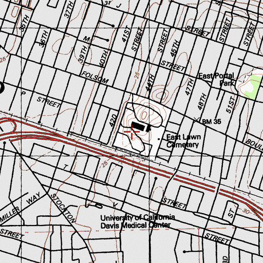 Topographic Map of East Lawn Memorial Cemetery, CA