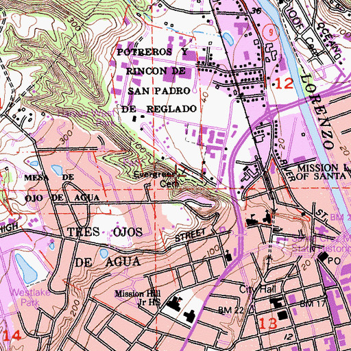 Topographic Map of Evergreen Cemetery, CA