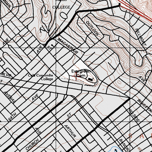 Topographic Map of Evergreen Cemetery, CA