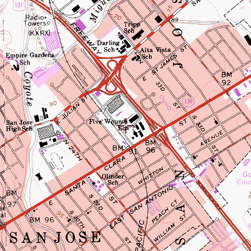 Topographic Map of Five Wounds Catholic School, CA