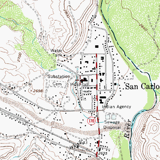 Topographic Map of Public Health Services Indian Hospital San Carlos Service Unit, AZ