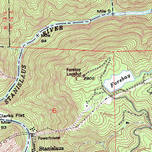 Topographic Map of Forebay Lookout, CA