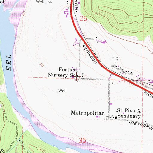 Topographic Map of Fortuna Nursery School, CA