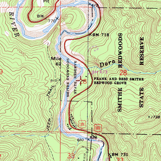 Topographic Map of Frank and Bess Smithe Redwood Grove, CA
