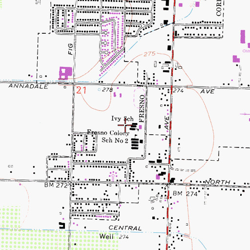 Topographic Map of West Fresno Middle School, CA