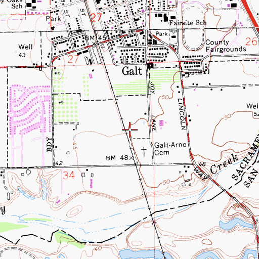 Topographic Map of Galt-Arno Cemetery, CA