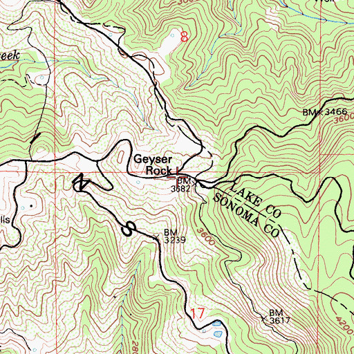 Topographic Map of Geyser Rock, CA