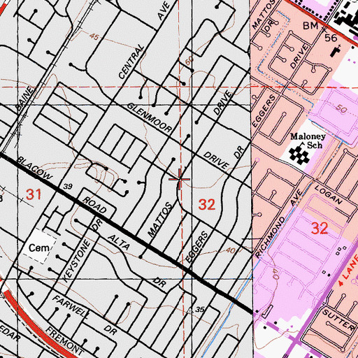 Topographic Map of Glenmoor Elementary School, CA