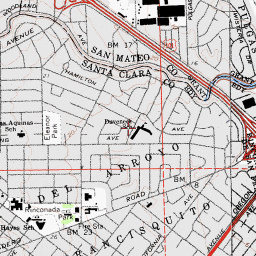 Topographic Map of Duveneck Elementary School, CA