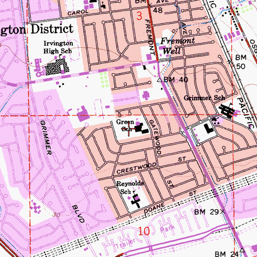 Topographic Map of Harvey Green Elementary School, CA
