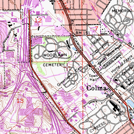 Topographic Map of Greenlawn Cemetery, CA