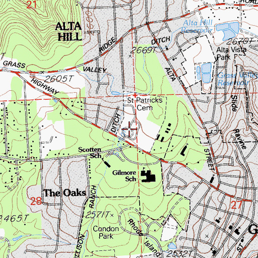 Topographic Map of Greenwood Memorial Cemetery, CA
