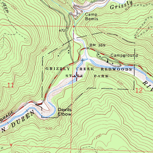 Topographic Map of Grizzly Creek Redwoods State Park, CA