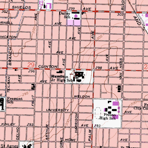 Topographic Map of Fresno Adult School, CA