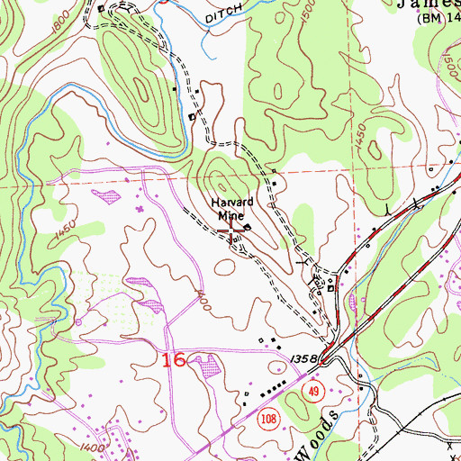 Topographic Map of Harvard Mine, CA
