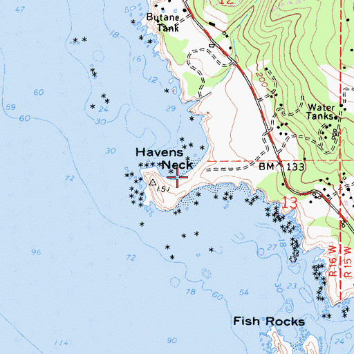 Topographic Map of Havens Neck, CA