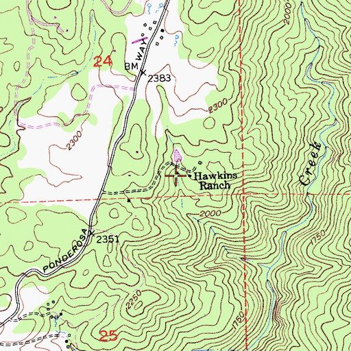 Topographic Map of Hawkins Ranch, CA