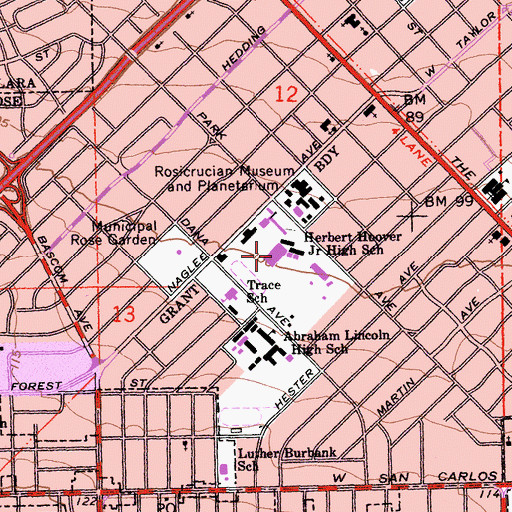 Topographic Map of Herbert Hoover Middle School, CA