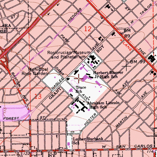 Topographic Map of Herbert Hoover Middle School, CA