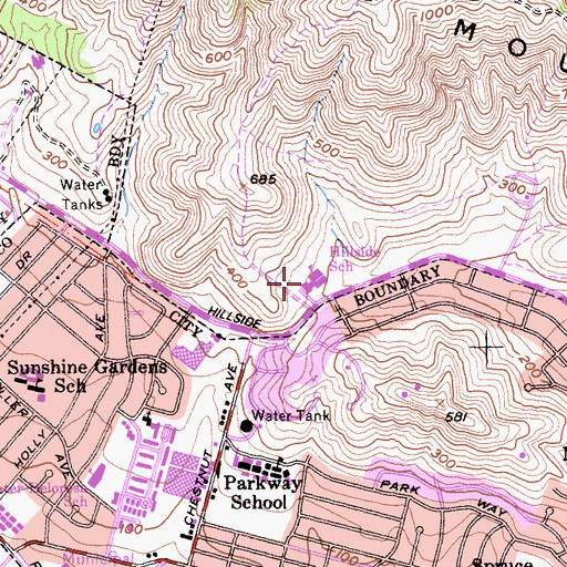 Topographic Map of Hillside Elementary School, CA