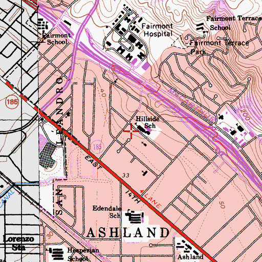 Topographic Map of Hillside Elementary School, CA