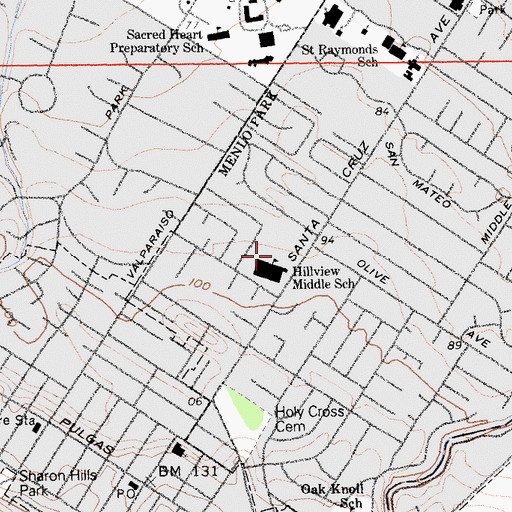 Topographic Map of Hillview Middle School, CA