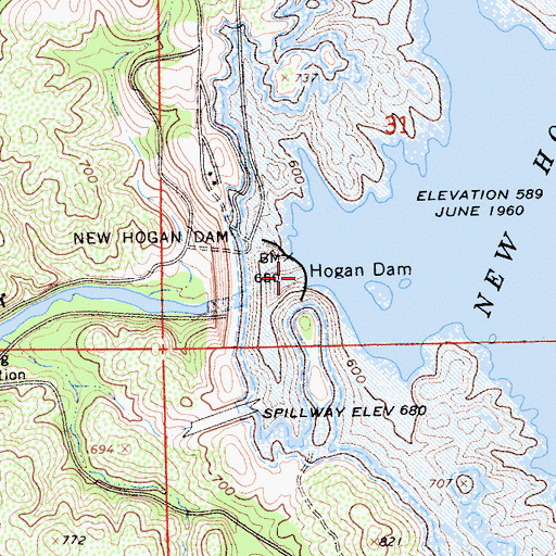 Topographic Map of Hogan Dam, CA