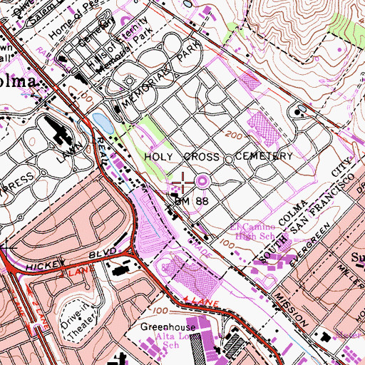 Topographic Map of Holy Cross Cemetery, CA