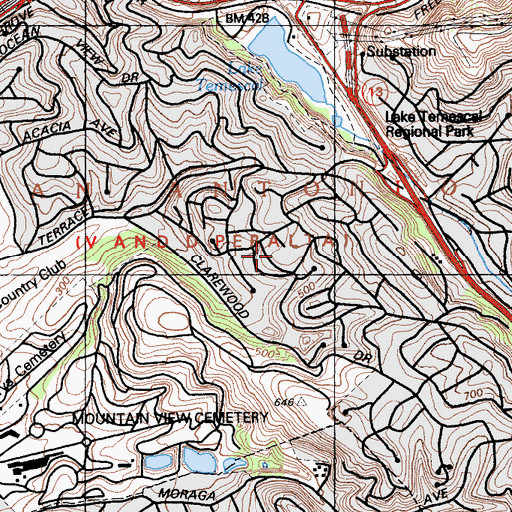 Topographic Map of Holy Names Central High School, CA