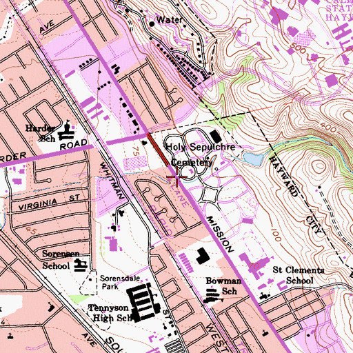 Topographic Map of Holy Sepulchre Cemetery, CA