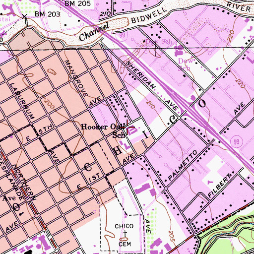 Topographic Map of Hooker Oak Elementary School, CA