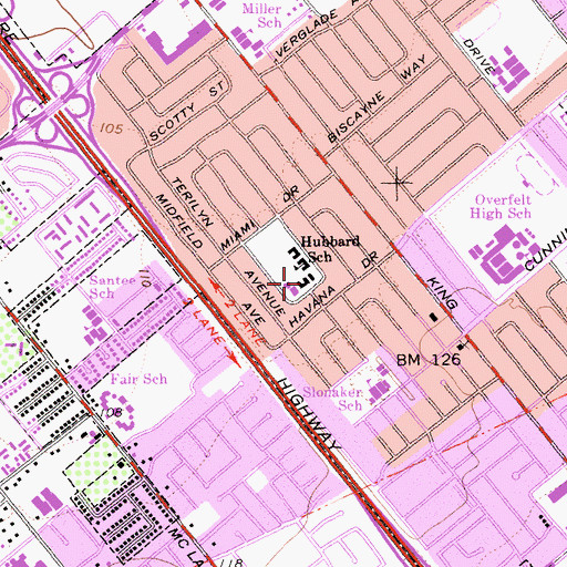 Topographic Map of O S Hubbard Elementary School, CA