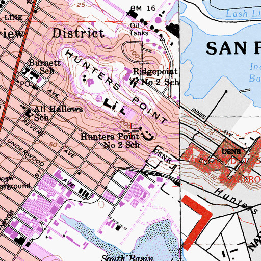 Topographic Map of Hunters Point Number Two School, CA