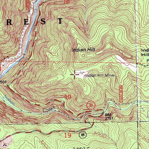 Topographic Map of Indian Hill Mine, CA