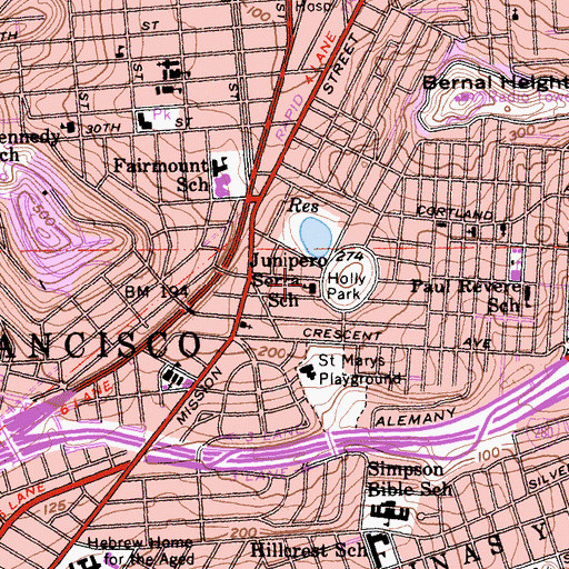 Topographic Map of Junipero Serra Elementary School, CA