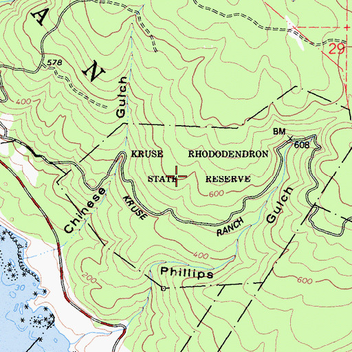 Topographic Map of Kruse Rhododendron State Natural Reserve, CA