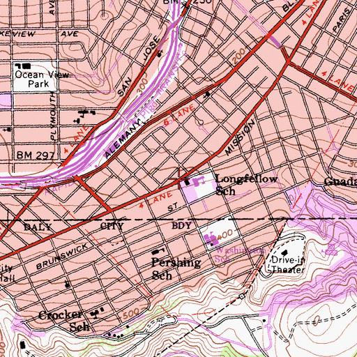 Topographic Map of Longfellow Elementary School, CA