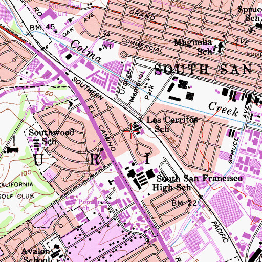 Topographic Map of Los Cerritos Elementary School, CA