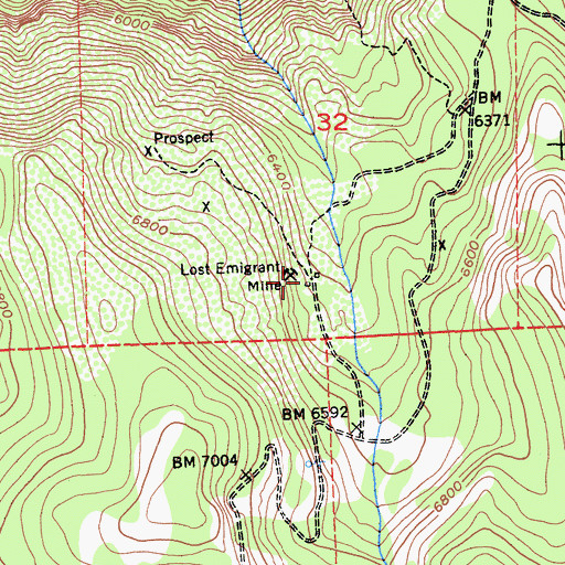 Topographic Map of Lost Emigrant Mine, CA