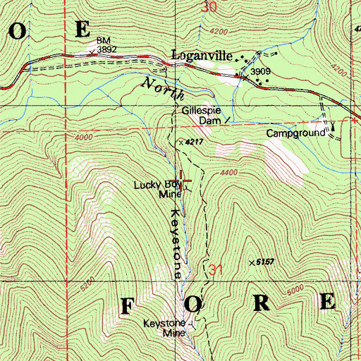 Topographic Map of Lucky Boy Mine, CA