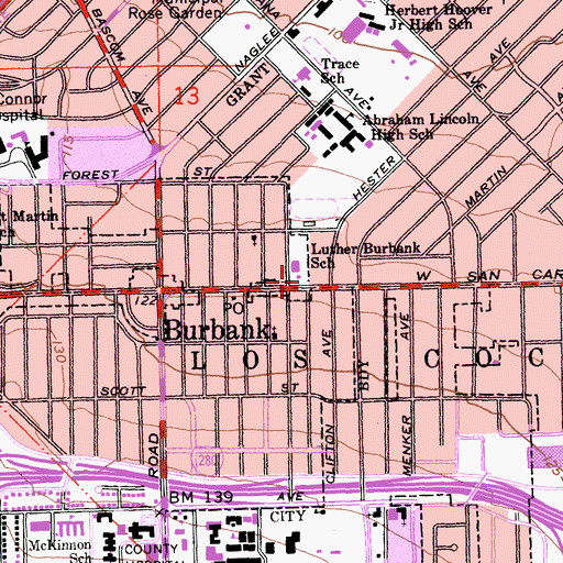 Topographic Map of Luther Burbank Elementary School, CA