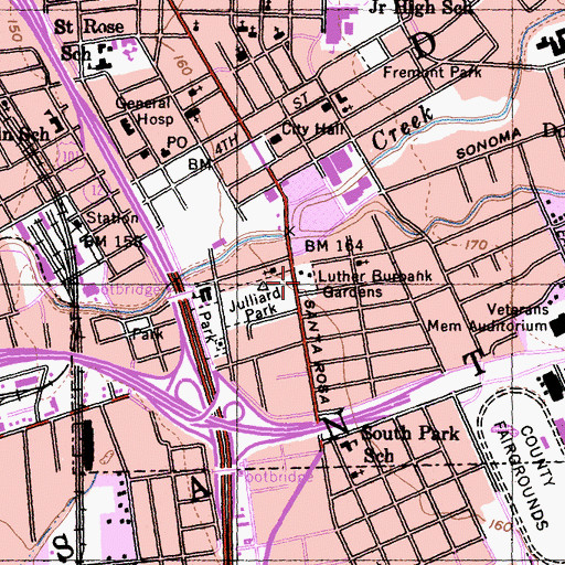 Topographic Map of Luther Burbank Gardens, CA