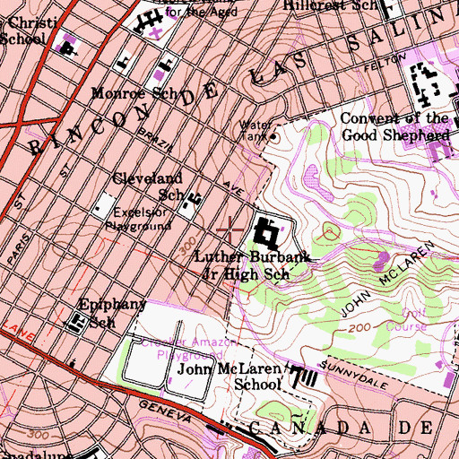Topographic Map of Luther Burbank Middle School (historical), CA