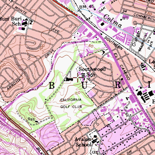 Topographic Map of Baden High School, CA