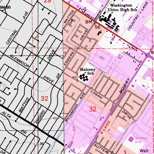 Topographic Map of Tom Maloney Elementary School, CA